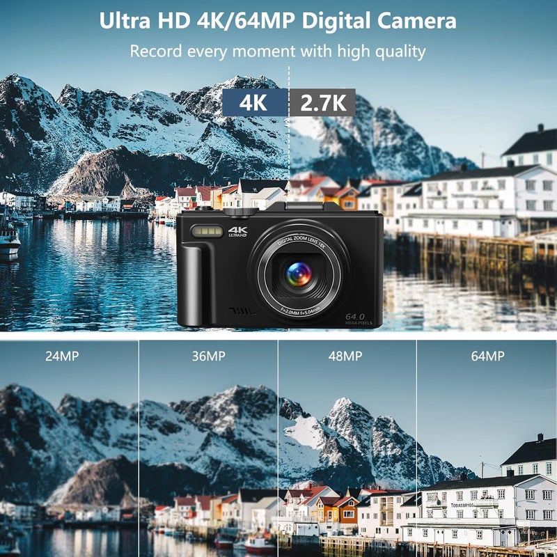 Gavonde كاميرا رقمية للتصوير، كاميرا فلوغينغ بدقة 4K لليوتيوب بشاشة قابلة للطي 3 بوصات بزاوية 180° وزوم رقمي 18X وكاميرات مدمجة بتصميم كلاسيكي مع بطاقة TF سعة 32GB و2 بطاريات، باللون الأسود - Image 2